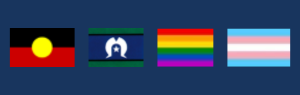 An image depicting the Aboriginal flag, Torres Strait Islander flag, rainbow pride flag, and transgender pride flag, representing diversity and inclusion.
